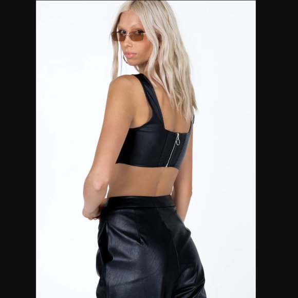 Princess Polly Travis Black Faux Leather Cropped Corset Top 2 - Picture 9 of 13